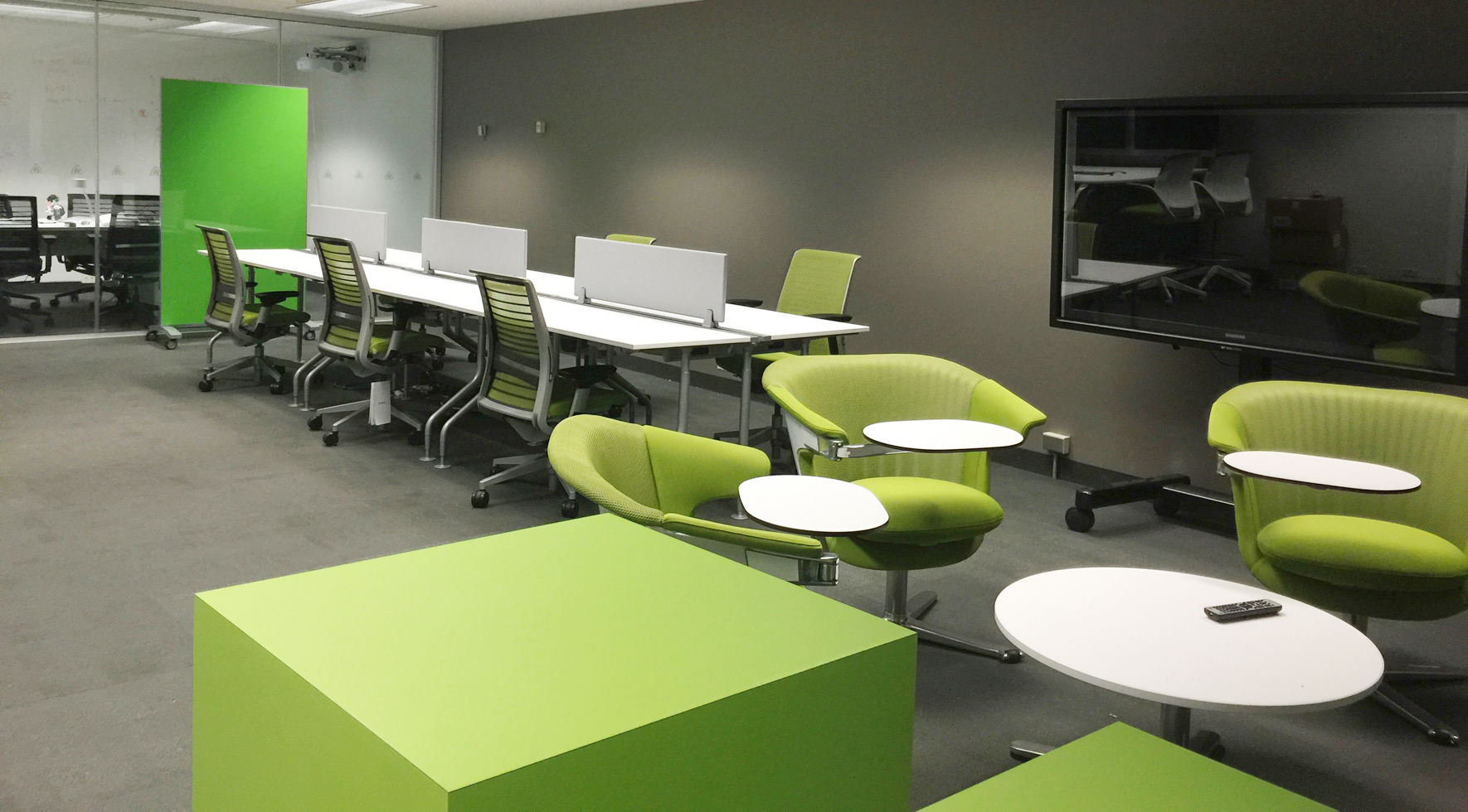 Collaboration and focus zone using low chairs and tables as well as task chairs