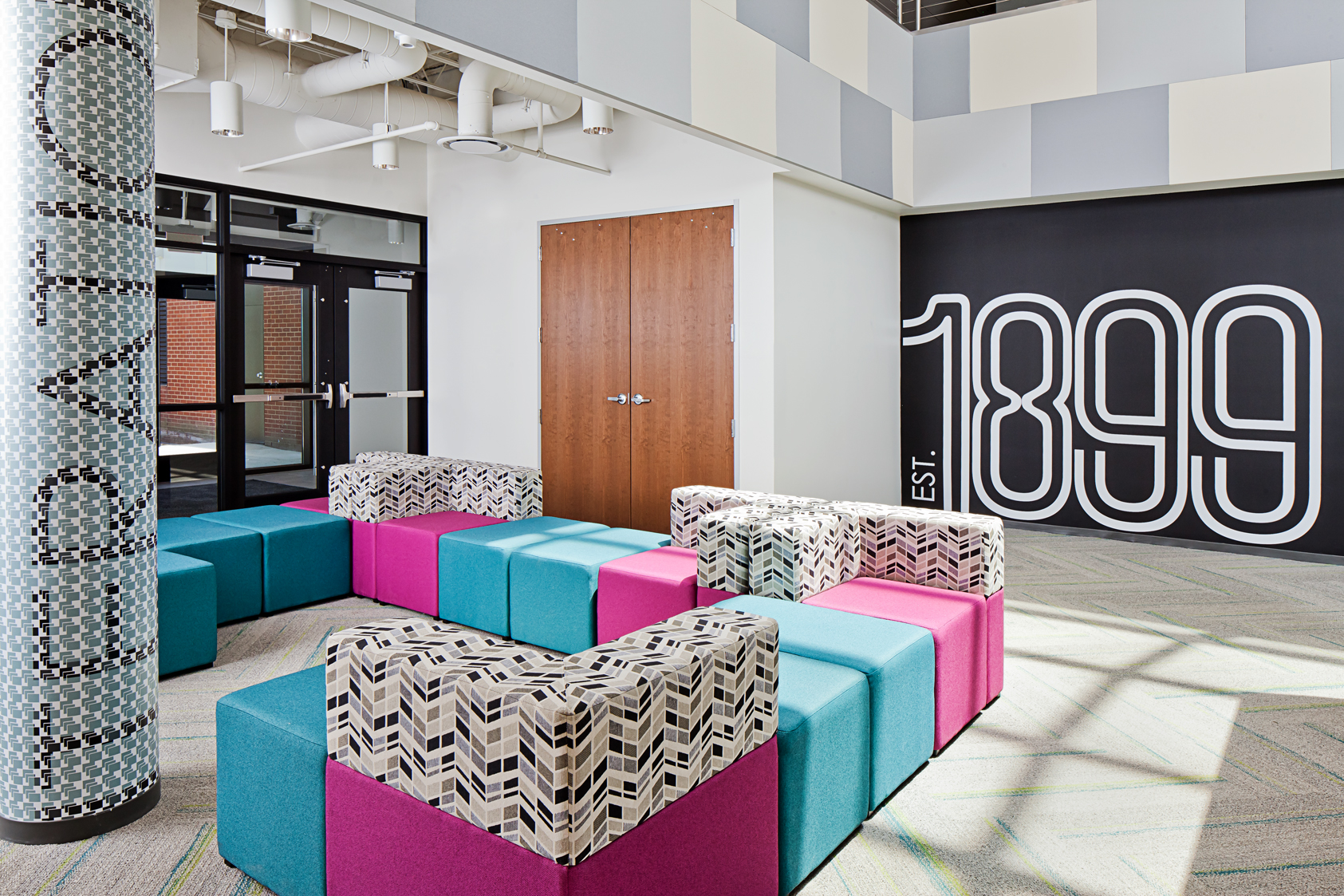 A vibrant lounge space with modular seating